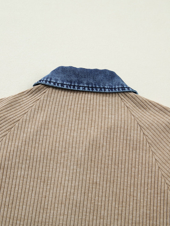 Ribbed Knit Denim Trim Button Detail Top
