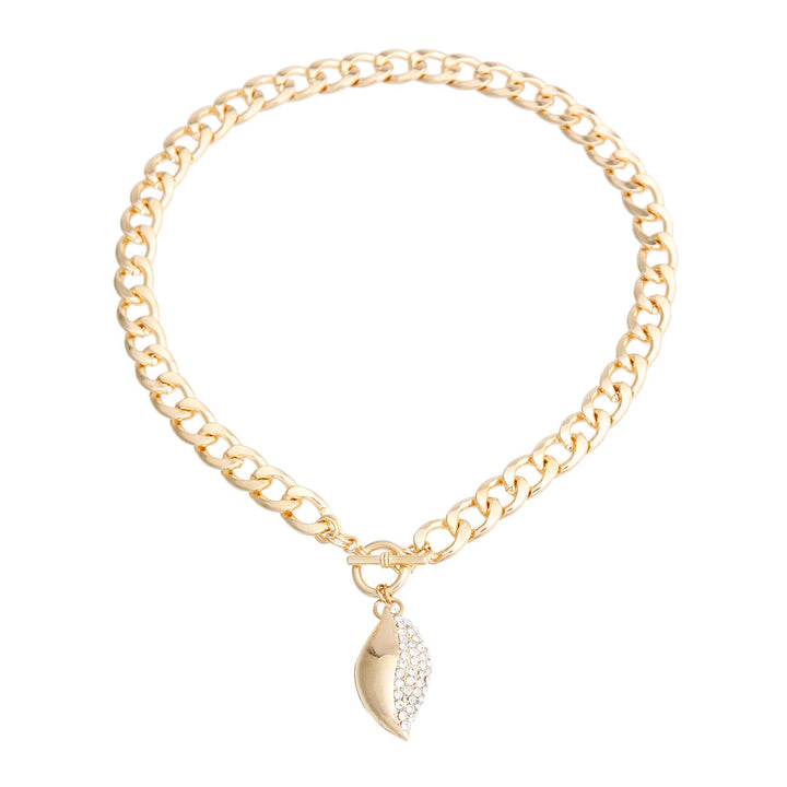 Gold Curved Oval Pave Charm Necklace