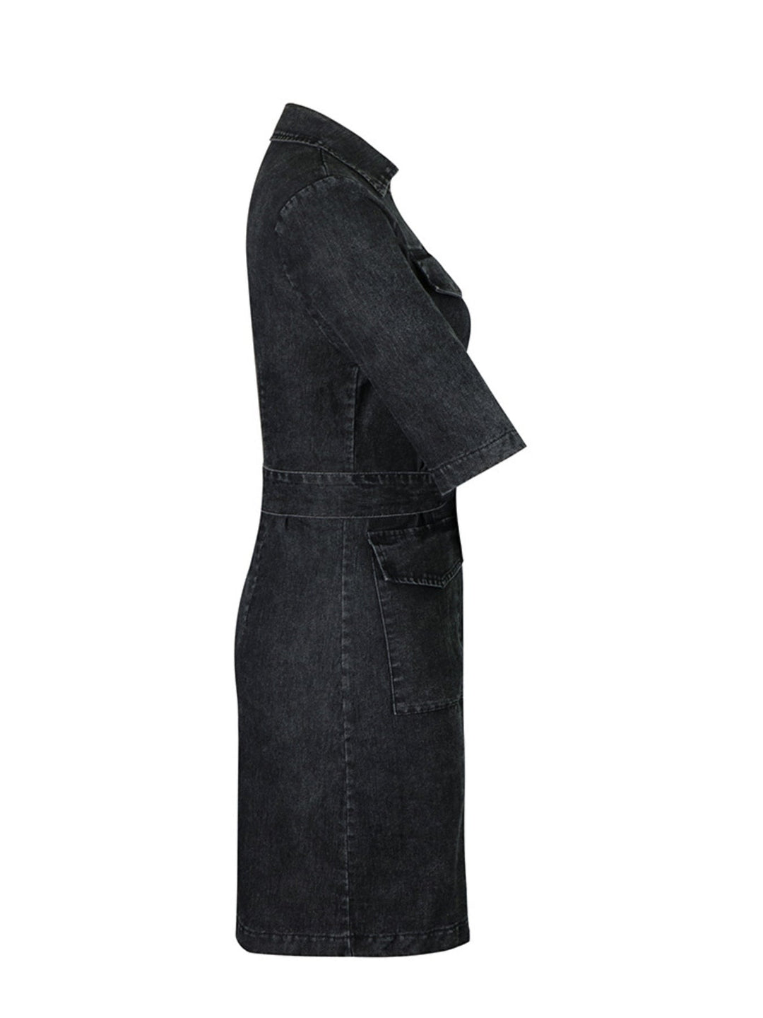 Zipper Front Short Sleeve Denim Dress