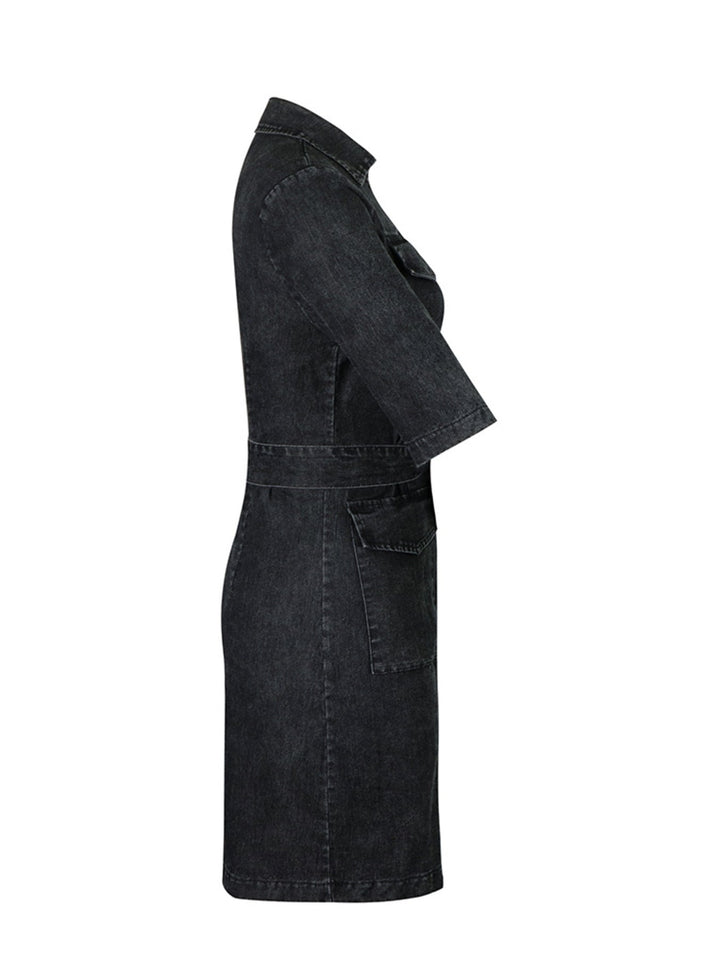 Zipper Front Short Sleeve Denim Dress