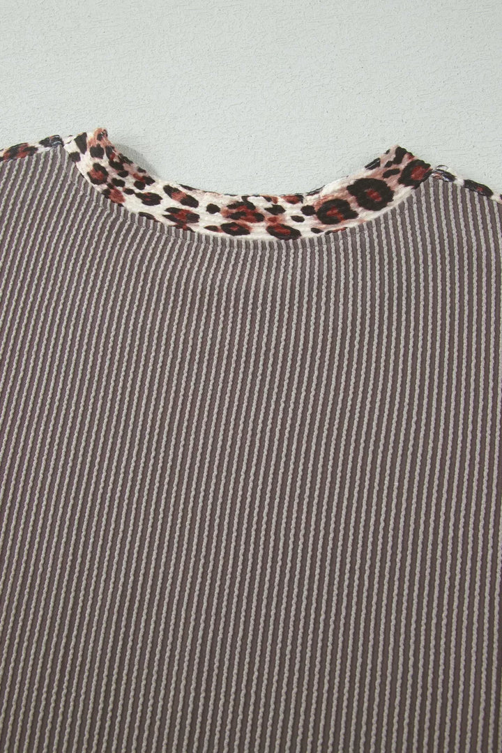 Leopard Trim Ribbed Knit Tee and Shorts Set