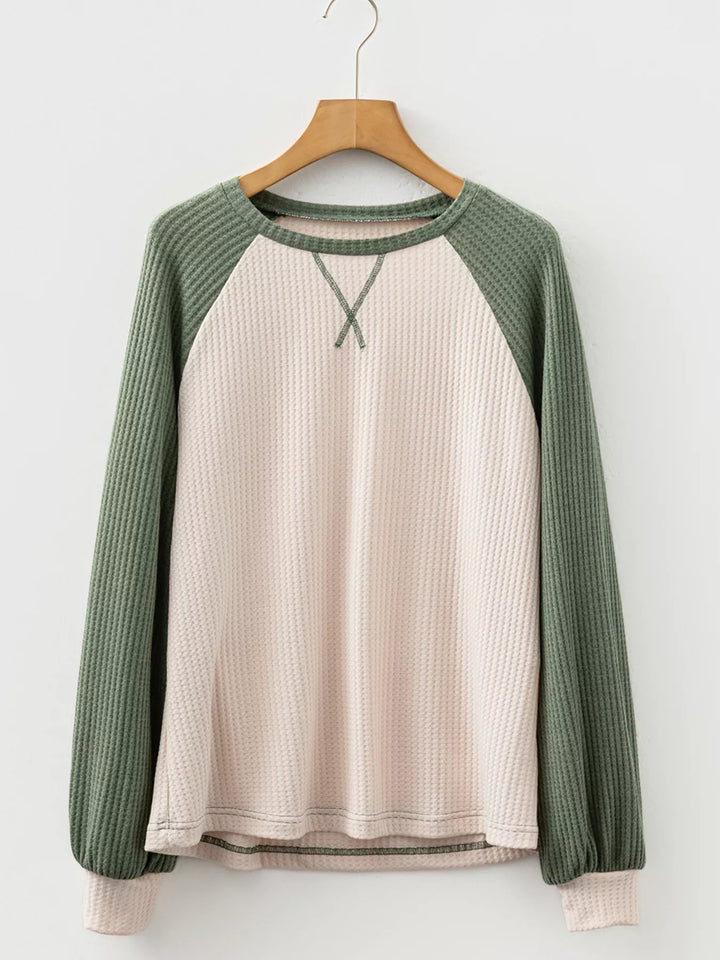 Waffle Color Block Raglan Sleeve Top
