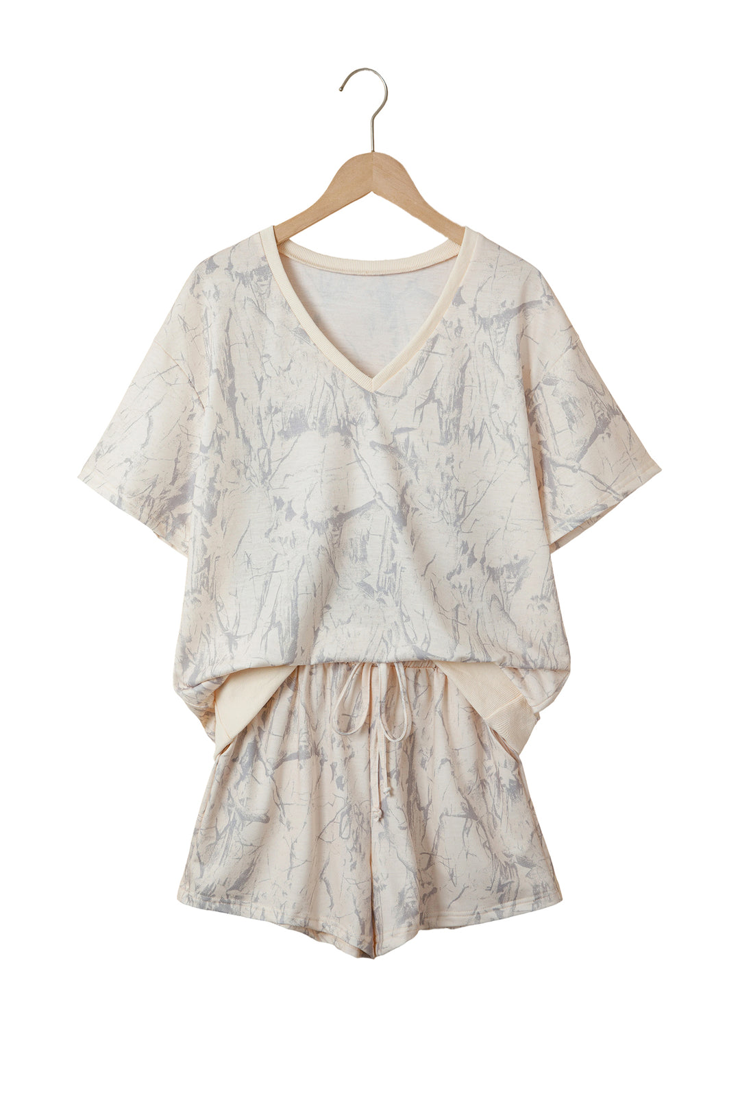Khaki Abstract Print V Neck Loose Tee Drawstring Shorts 2pcs Outfit
