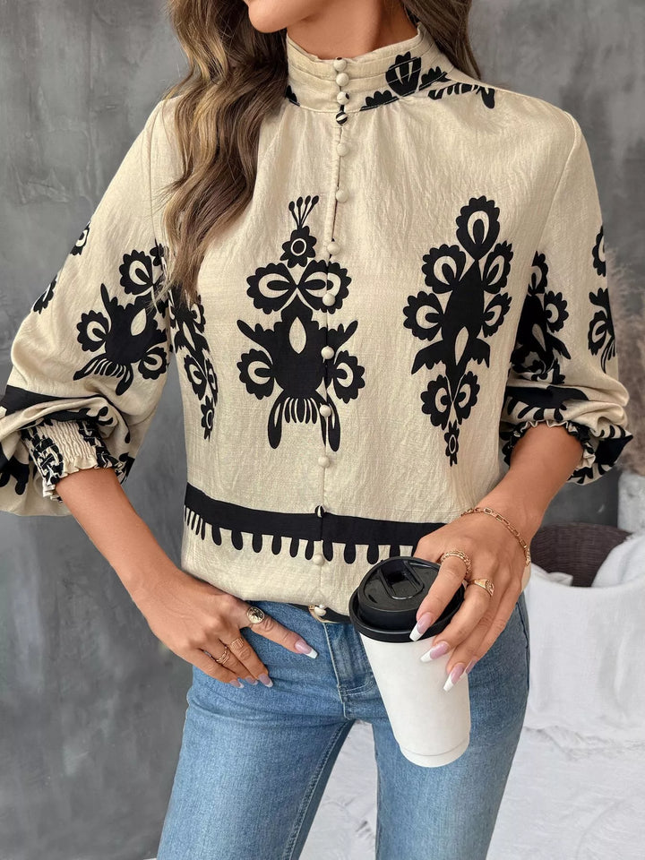 Printed Notched Lantern Sleeve Blouse