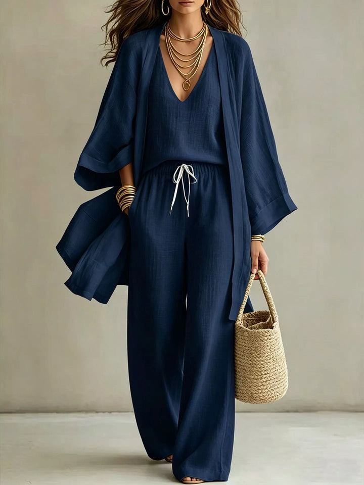 V-Neck Top & Cardigan & Pants Three-Piece Set