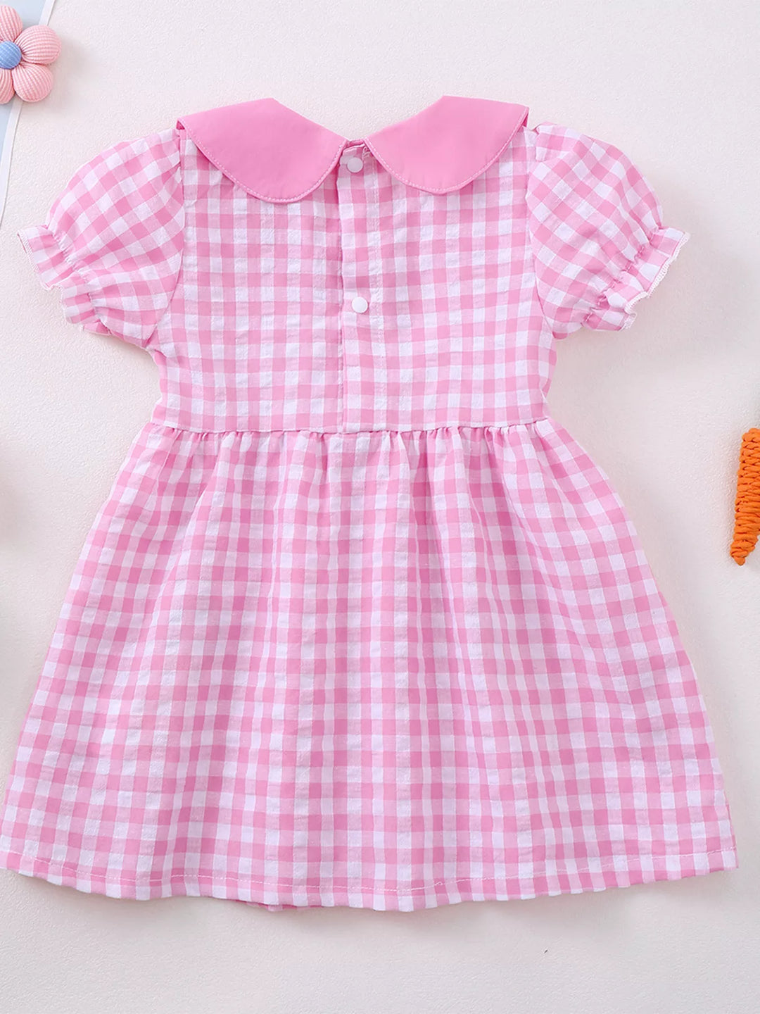 Children's Gingham Bunny & Carrot Embroidered Peter Pan Collar Smocked Dress