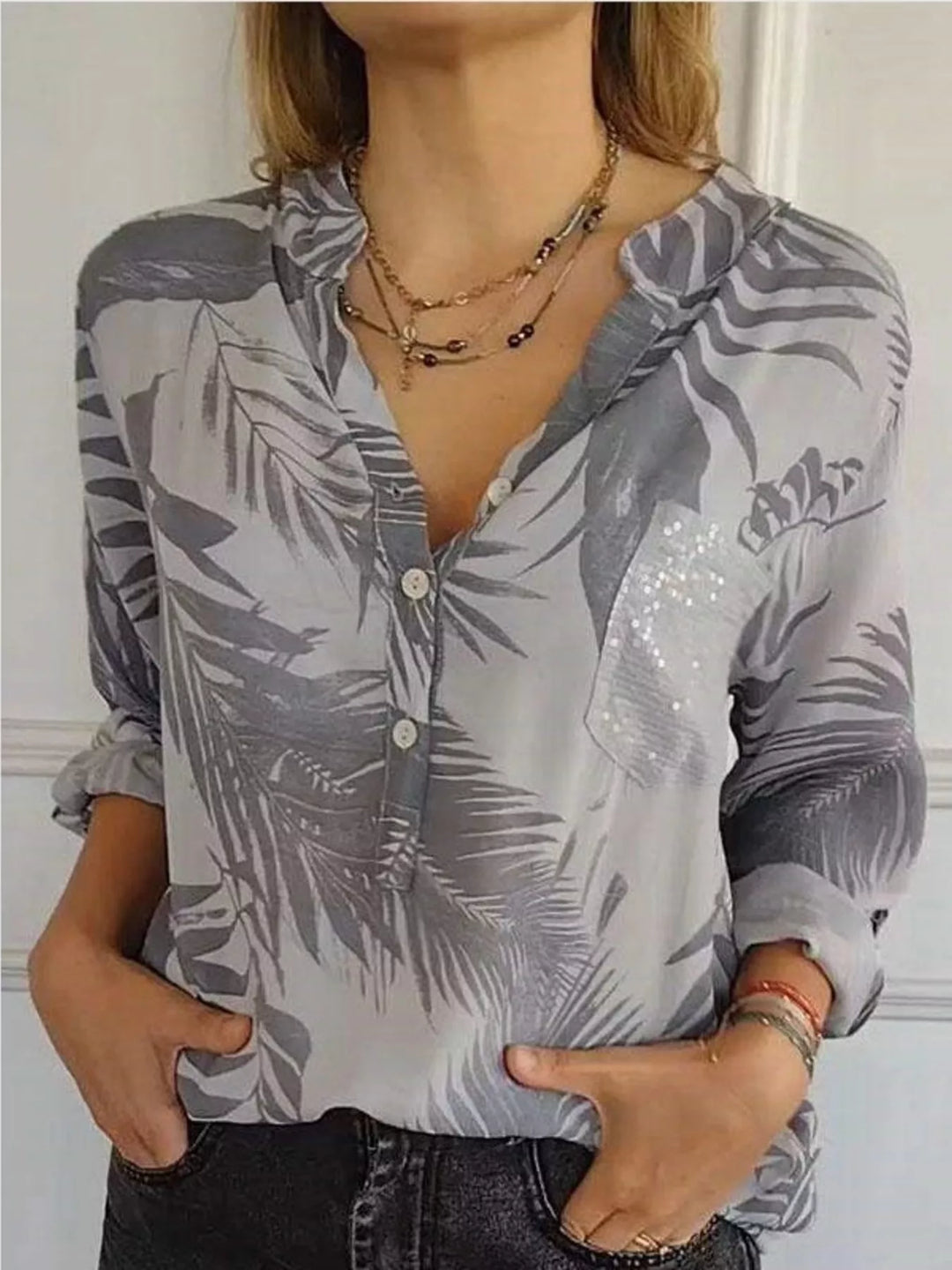 Full Size Printed Button Detail Long Sleeve Blouse Plus Size