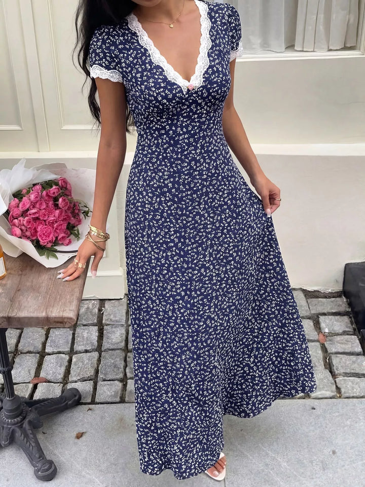 Floral Print Lace Trim Maxi Dress