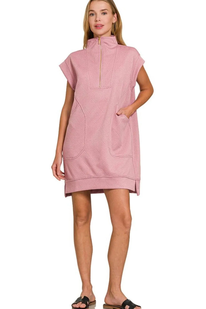 Zenana Textured Knit Jacquard Quarter Zipper Mini Dress