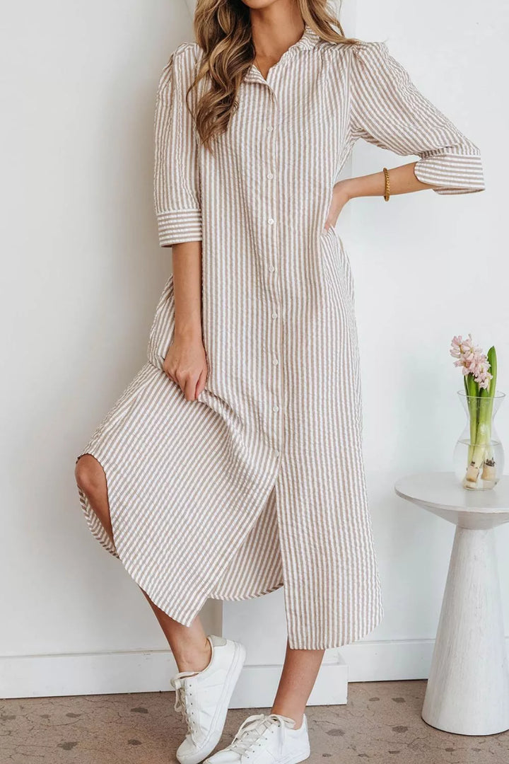 Stripe Frilled Collar Half Sleeve Shirt Dress
