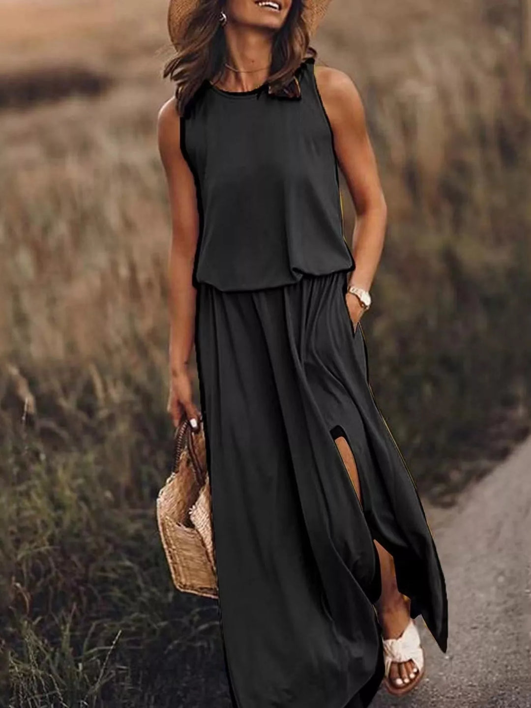 Full Size Round Neck Sleeveless Slit Maxi Dress Plus Size