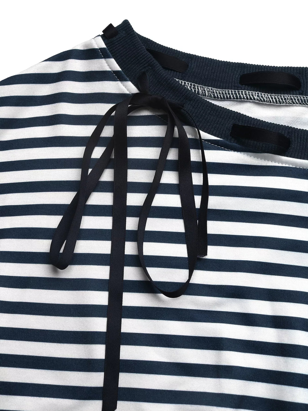 Striped Off-Shoulder Ribbon Accent Sweatshirt