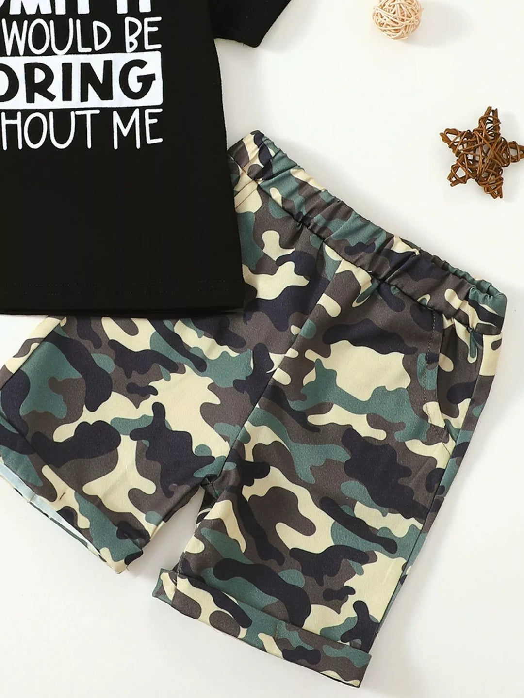 Children's Letter Graphic Tee and Camouflage Shorts Set