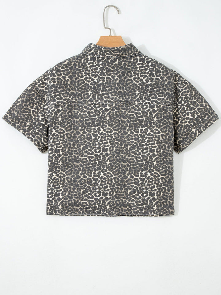 Leopard Print Short Sleeve Denim Shirt