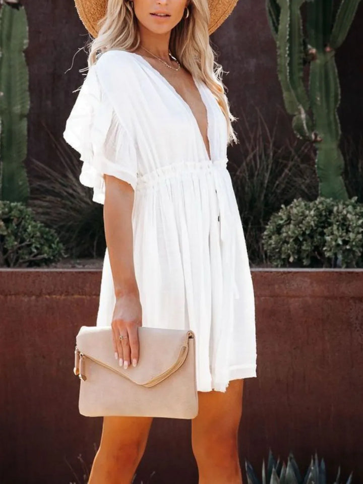 Drawstring Ruffled Half Sleeve Mini Dress