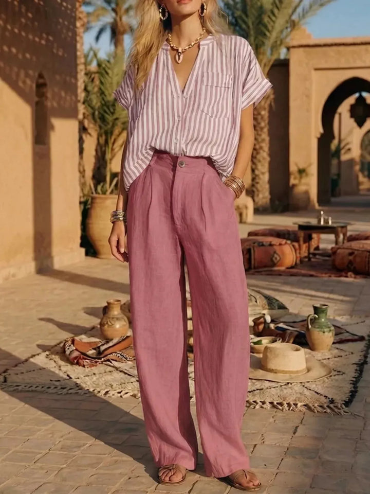 Full Size Striped Button Up Shirt and Pants Set Plus Size