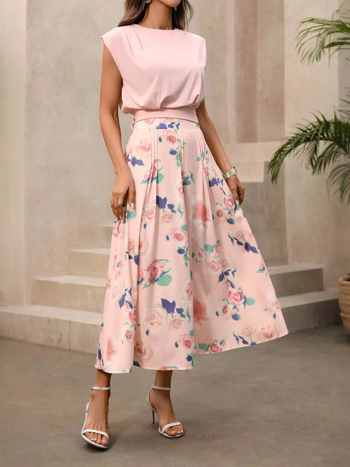 Round Neck Top and Floral Print Skirt Two-Piece Set