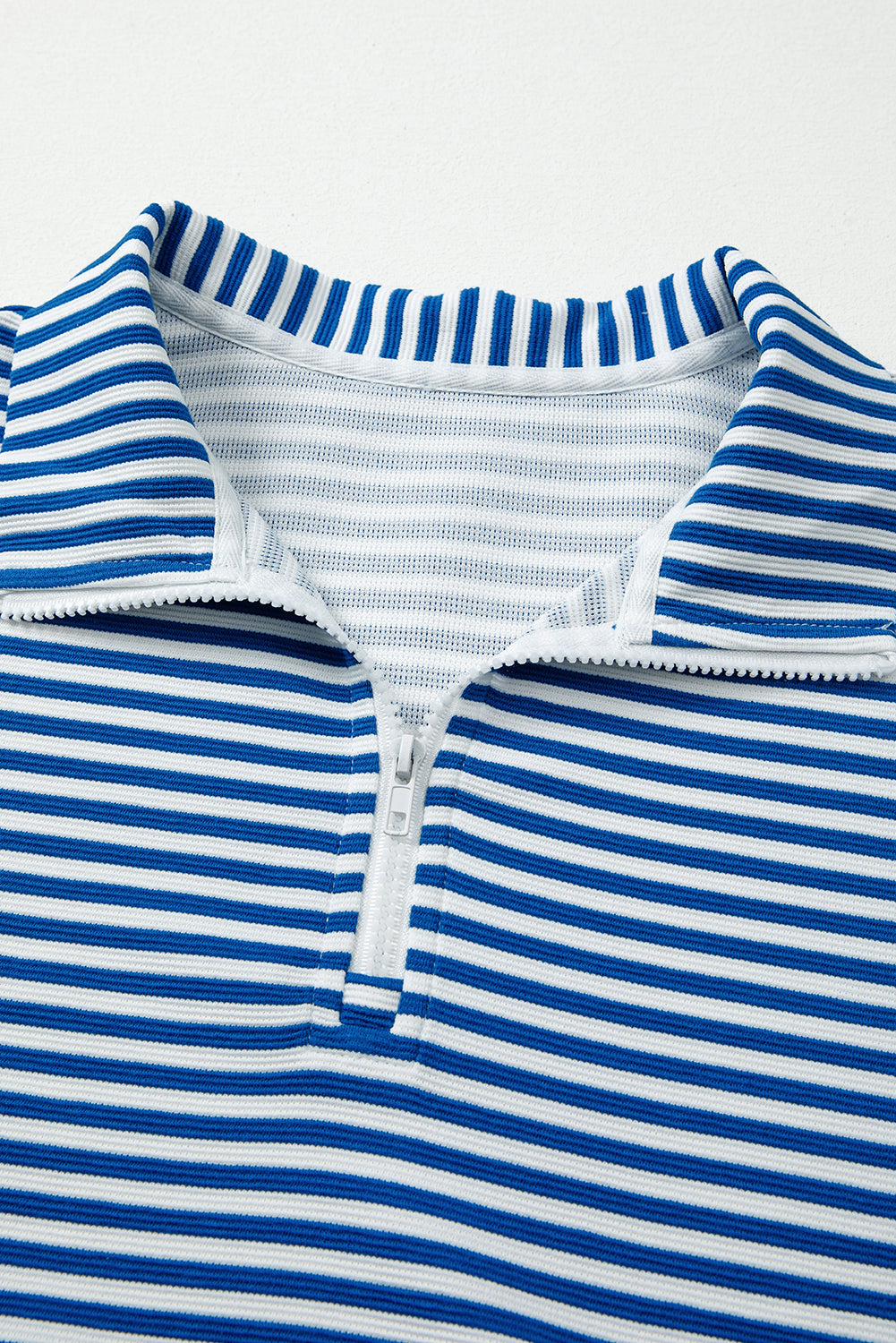 Blue Stripe Quarter Zip Collar Pullover Long Sleeve Top