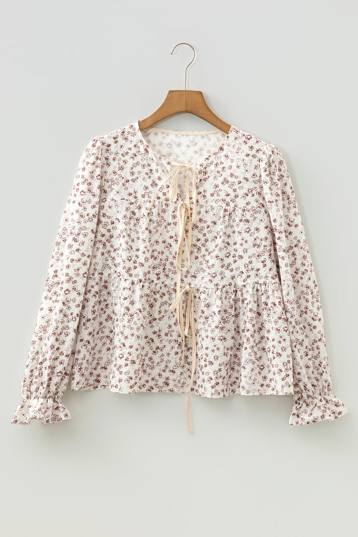 White Bow Tie Front Floral Print Flounce Sleeve Peplum Blouse
