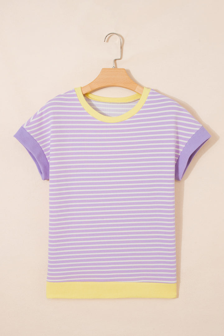 Purple Stripe Striped Colorblock Paneling Collar Cuff Hem Texture T-Shirt