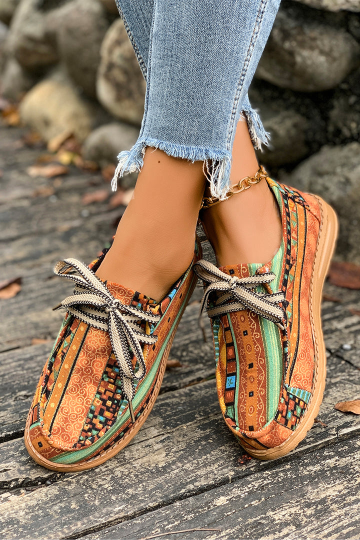 Mustard Ethnic Artistic Print Lace-up Detail Comfort Loafer Shoes