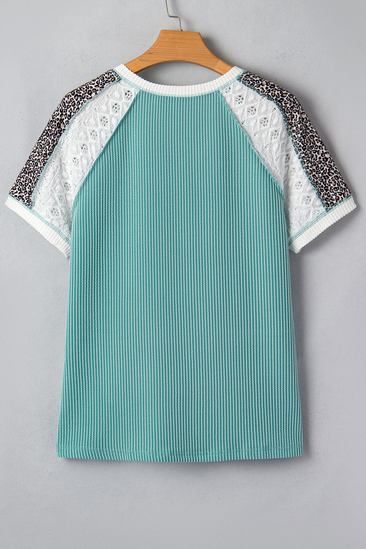 Green Bay Color Block Lace Leopard Patchwork Twisted Ribbed Tee