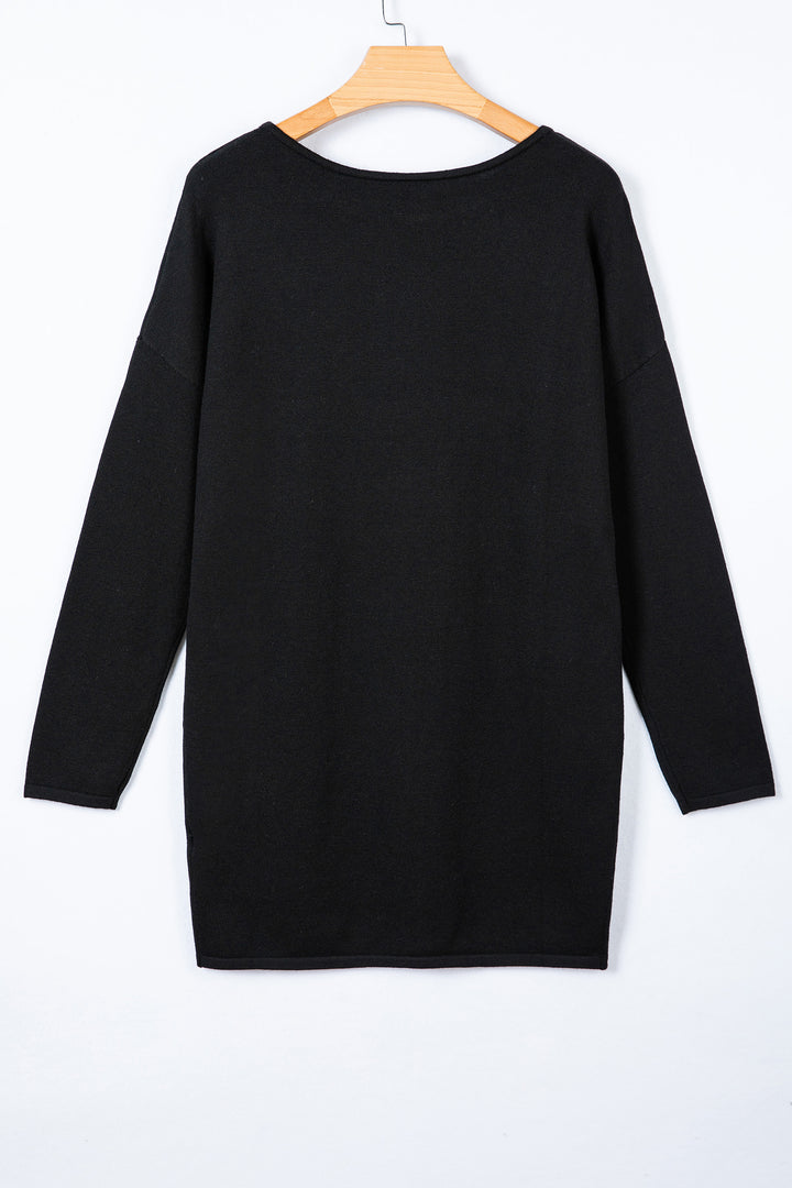 Black Asymmetric Neck Batwing Sleeve Shift Mini Sweater Dress