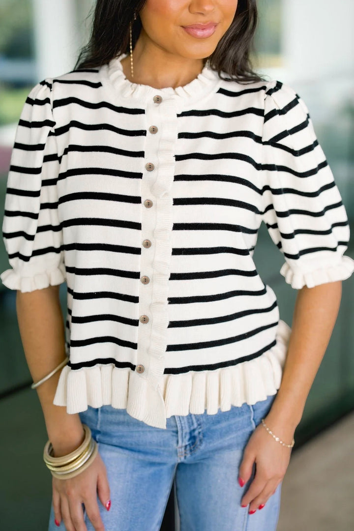 Beige Stripe Ruffle Trim Button Down Knit Short Sleeve Sweater Cardigan