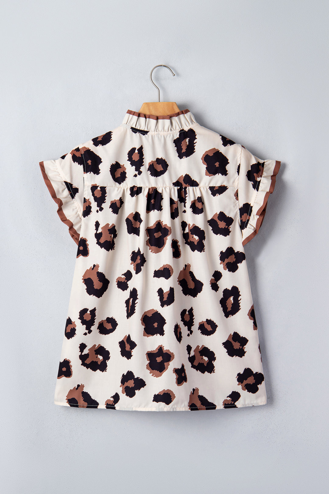 Khaki Leopard Printed Ruffle Sleeve Summer Blouse