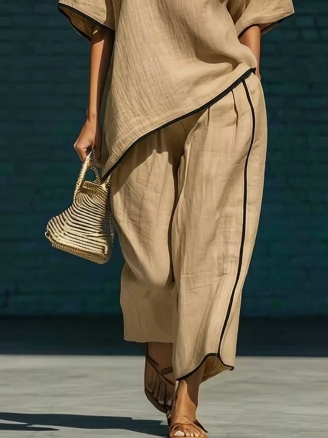 Full Size Contrast Trim Half Sleeve Top and Pants Set Plus Size