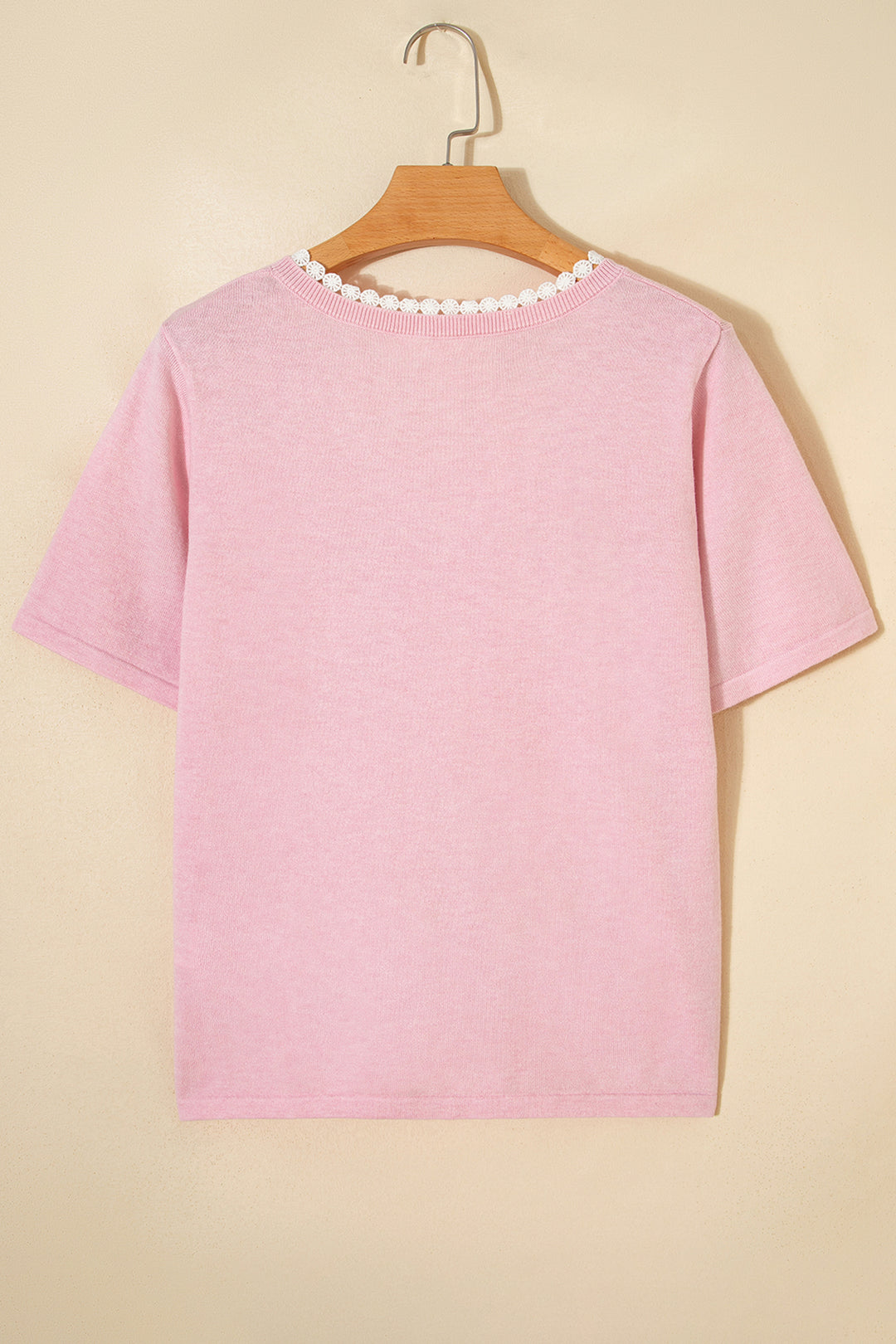 Strawberry Pink Lacy V Neckline Short Sleeve Sweater