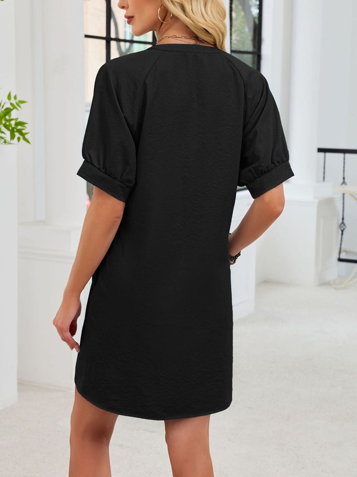 Notched Short Sleeve Tie Waist Dress