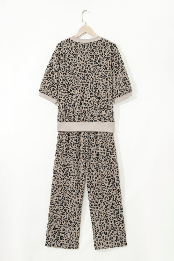 Khaki Jacquard Leopard Half Sleeve Jumper Wide Leg Pant Set