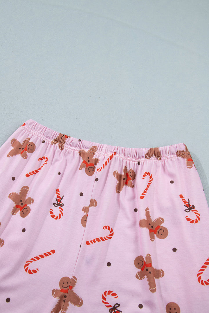 Pink Short Sleeve Placket Shell Button Elastic Waist Lounge Set