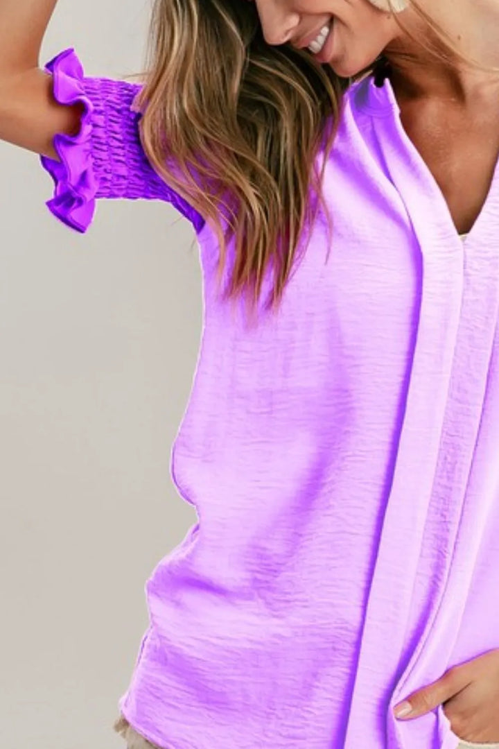 BiBi Air Flow Color Block Puff Sleeves V Neck Top