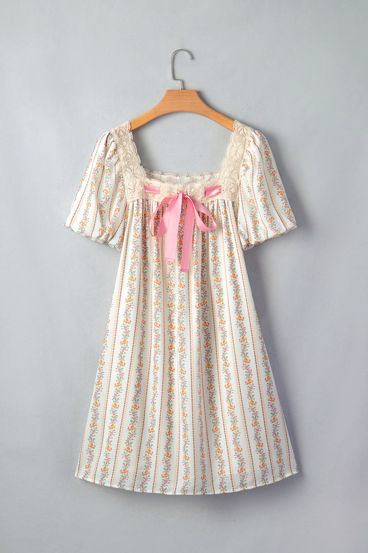 Multicolour Floral Print Contrast Ribbon Bow Lace Trim Square Neck Mini Dress