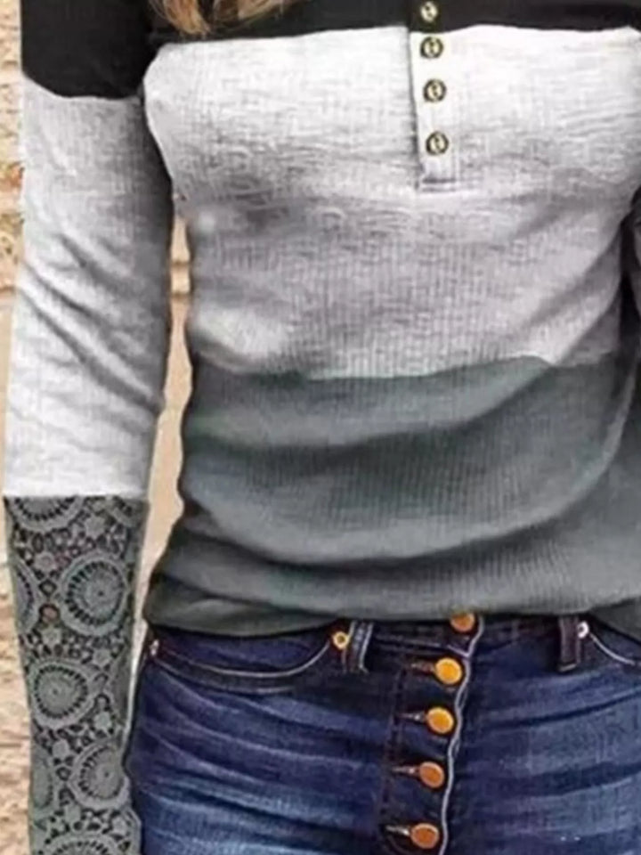 Color Block Lace Detail Half Button T-Shirt