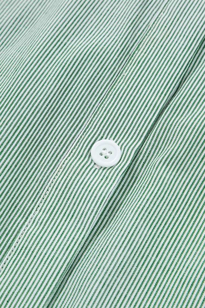 Green Stripe Frilled Sleeveless Collar Front Pocket Button Up Mini Dress