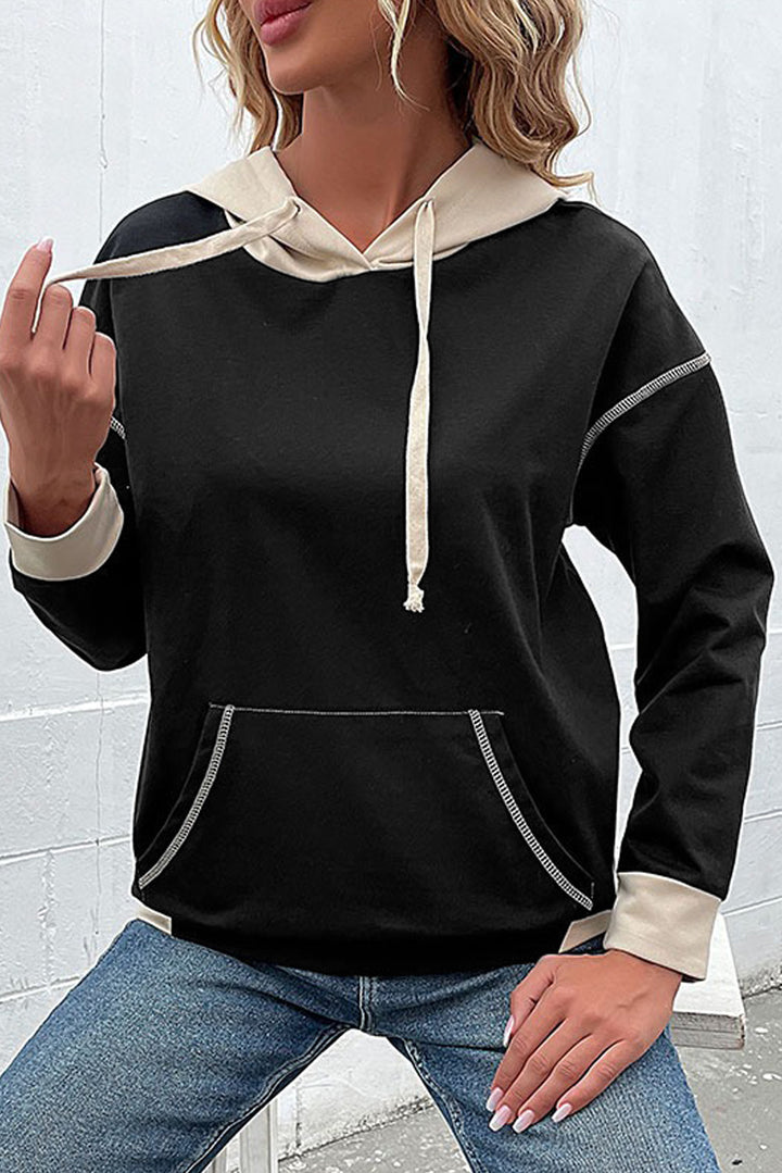Black Contrast Seam Color Block Hooded Sweatshirt