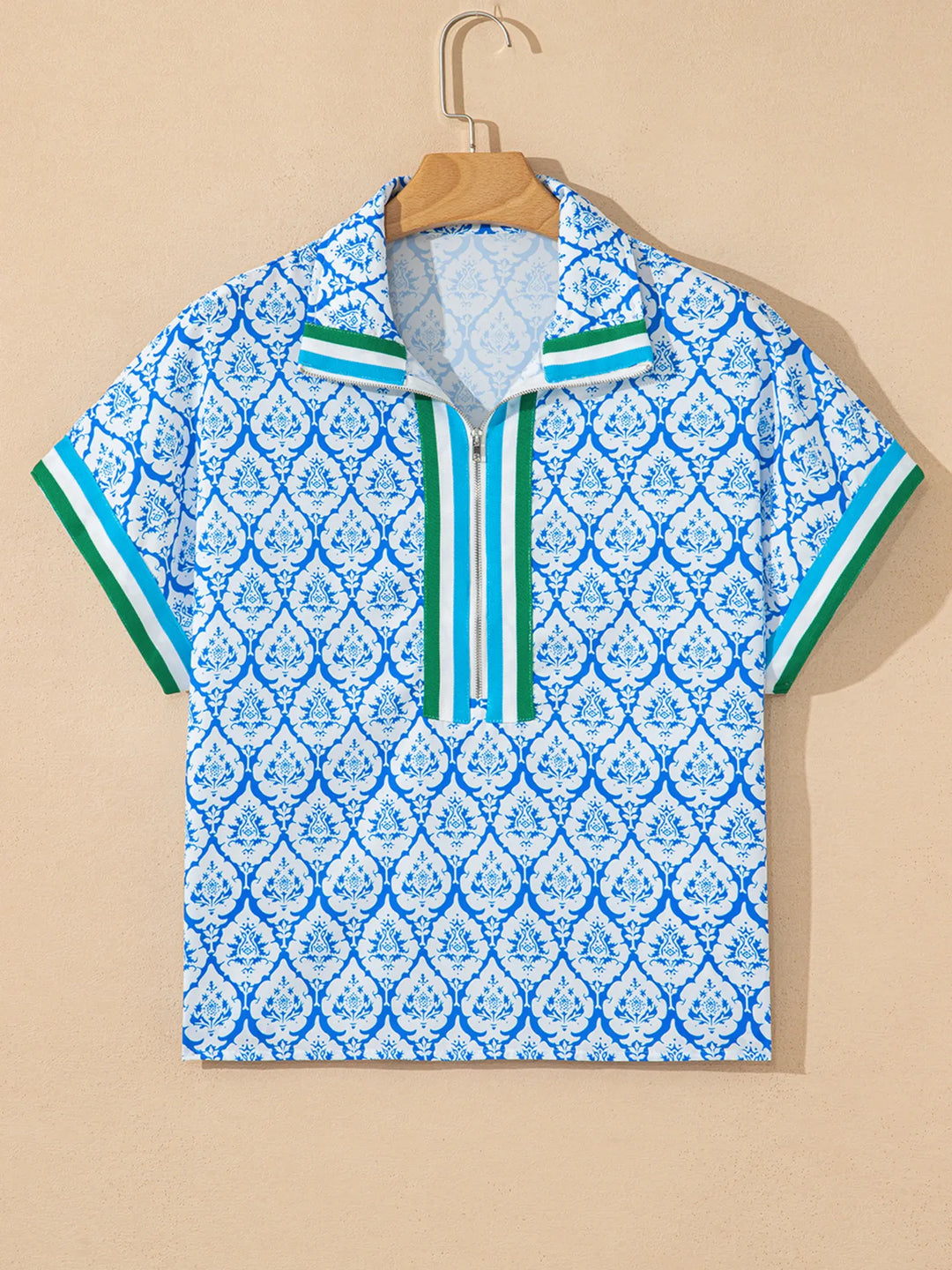 Western Print Zipped Collar Short Sleeve Summer Blouse Top