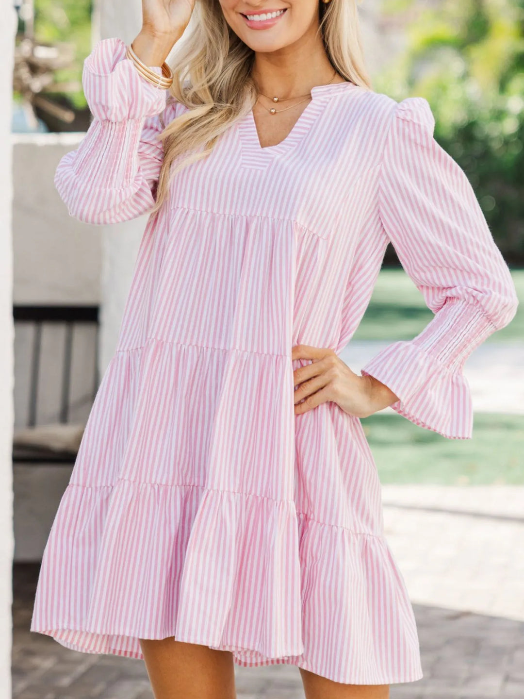 Striped Tiered Flounce Sleeve Shirt Dress