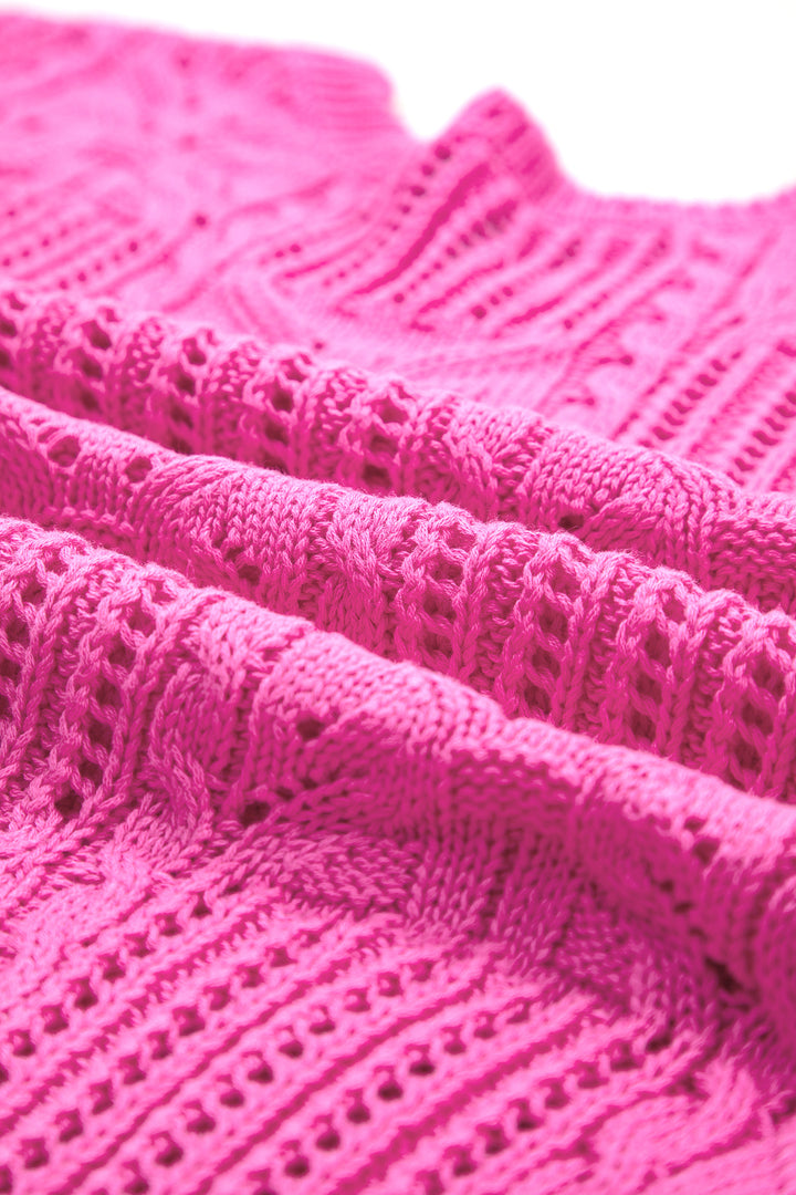 Bonbon Pointelle Knit Patterned Scalloped Trim Short Sleeve Sweater