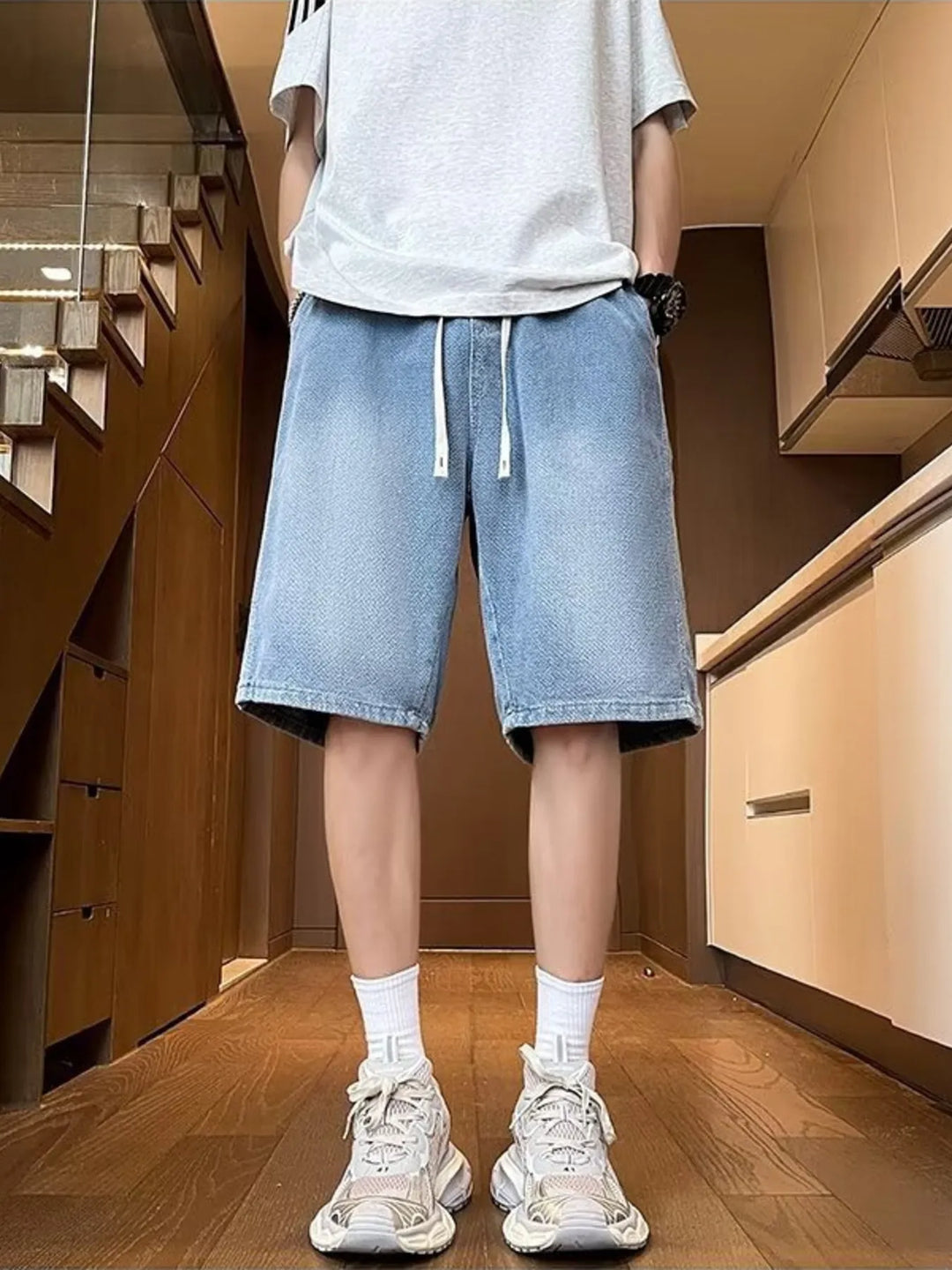 Men's Full Size Drawstring Wide Leg Denim Shorts Plus Size