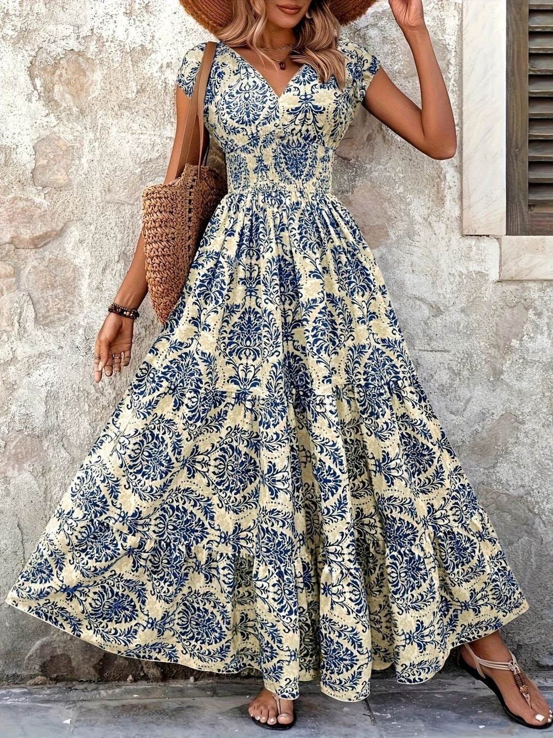 Printed Cap Sleeve Maxi Dress
