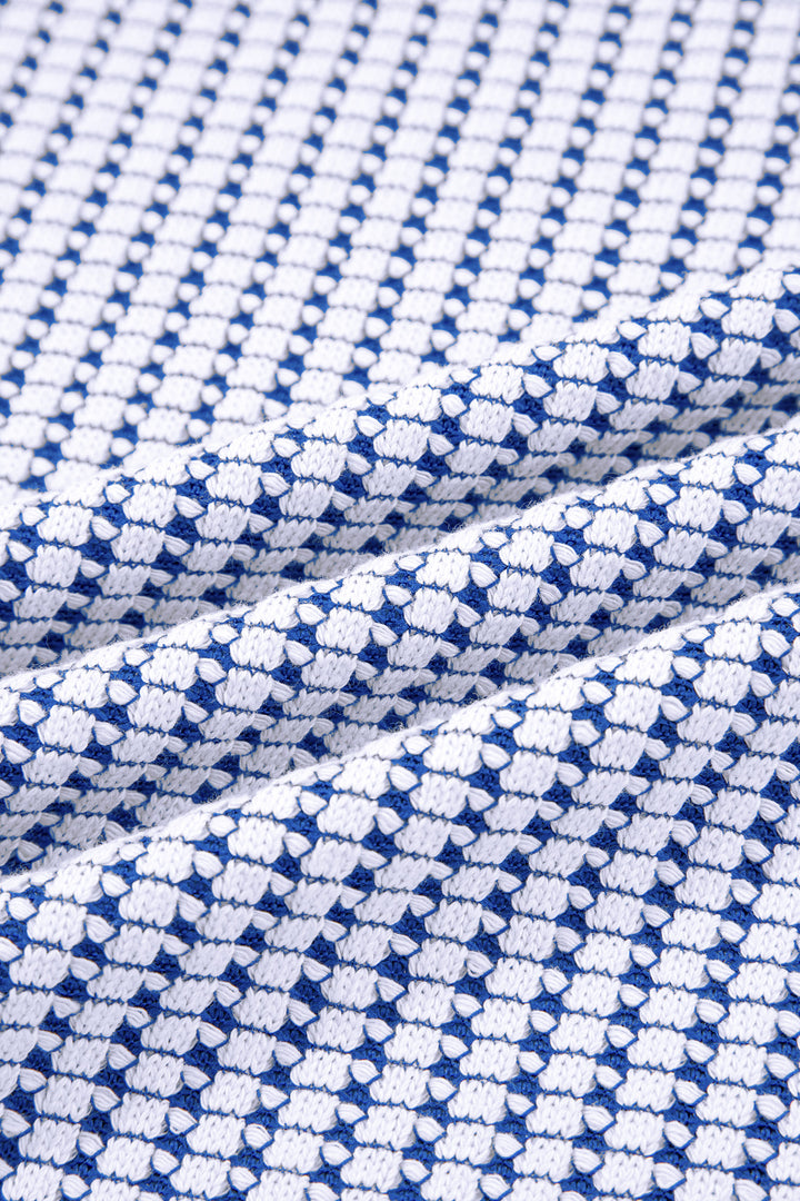 Dark Blue Waffle Knit Exposed Stitching Casual Top with Side Slits