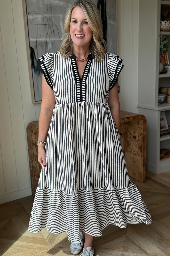 Black Stripe Double Ruffled Short Sleeve Contrast Trim V Neck Midi Dress