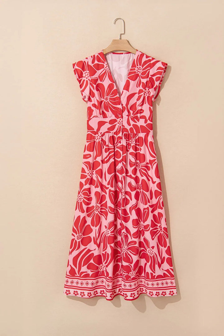 Floral  Ruffled V-Neck Midi Dress with Button Front