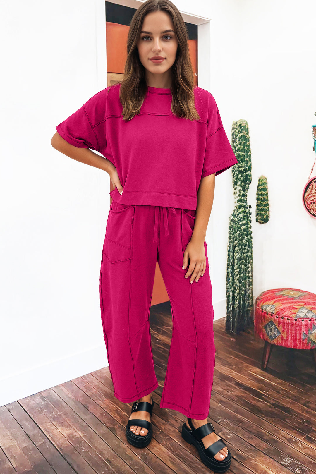 Rose Red Drop Shoulder Boxy Tee and Barrel Pants Set