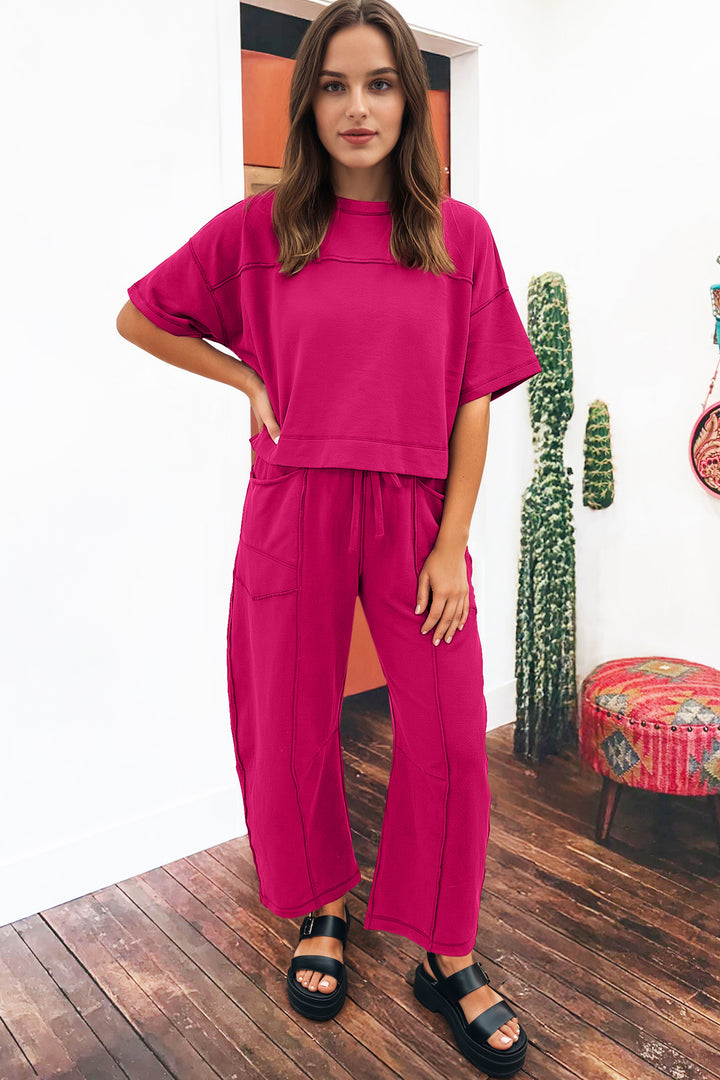 Rose Red Drop Shoulder Boxy Tee and Barrel Pants Set