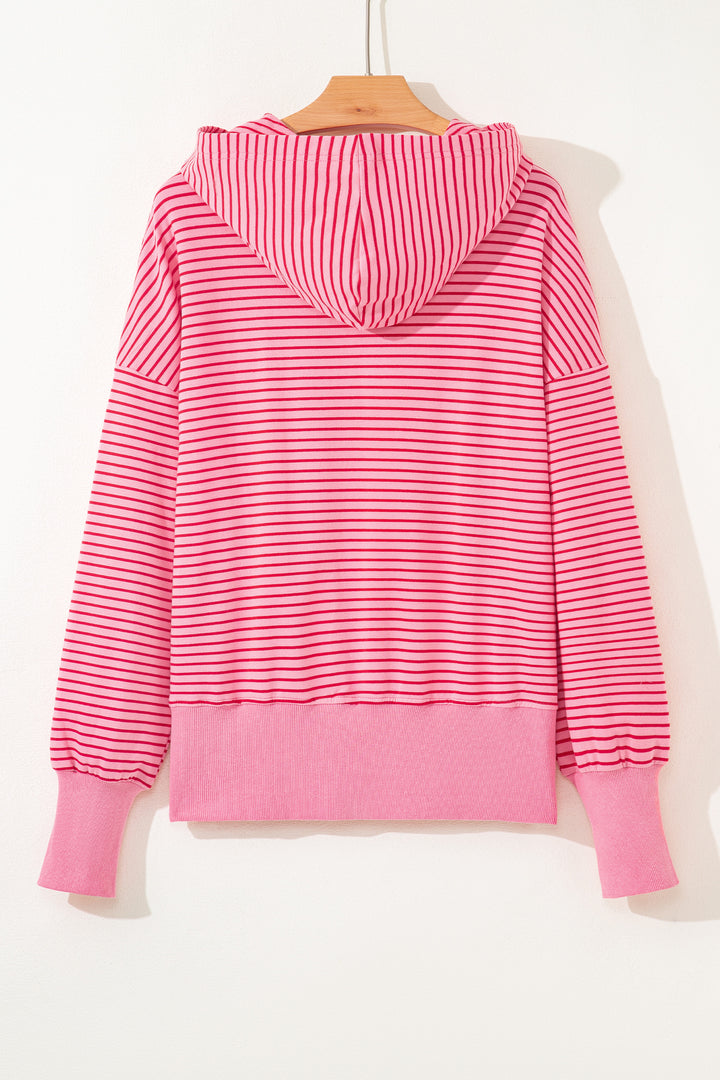Rose Stripe Thumbhole Side Slits Drop Shoulder Loose Fit Hoodie